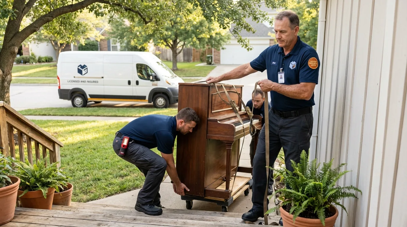 Licensed piano movers securing grand piano in West Yellowstone, MT