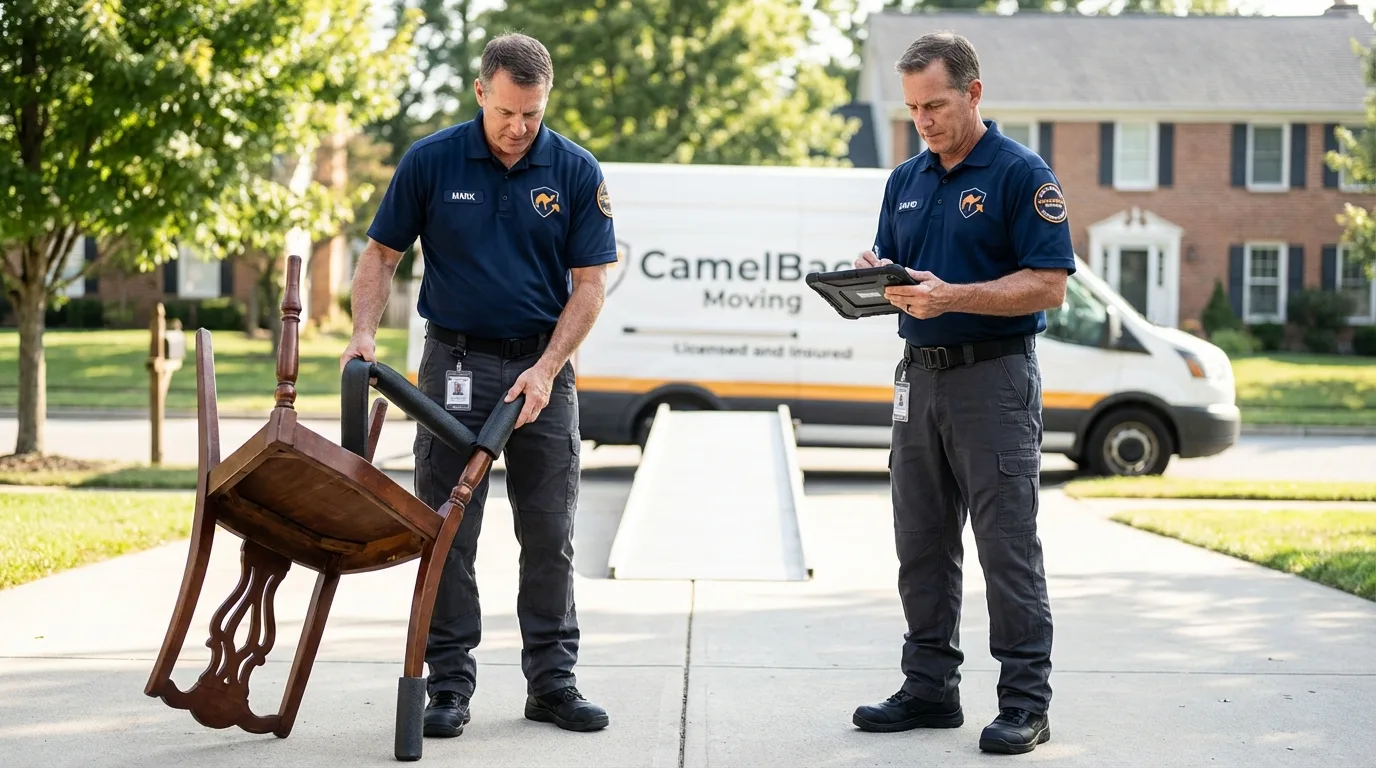 Movers inspecting furniture for damage prevention before loading in West Yellowstone, MT