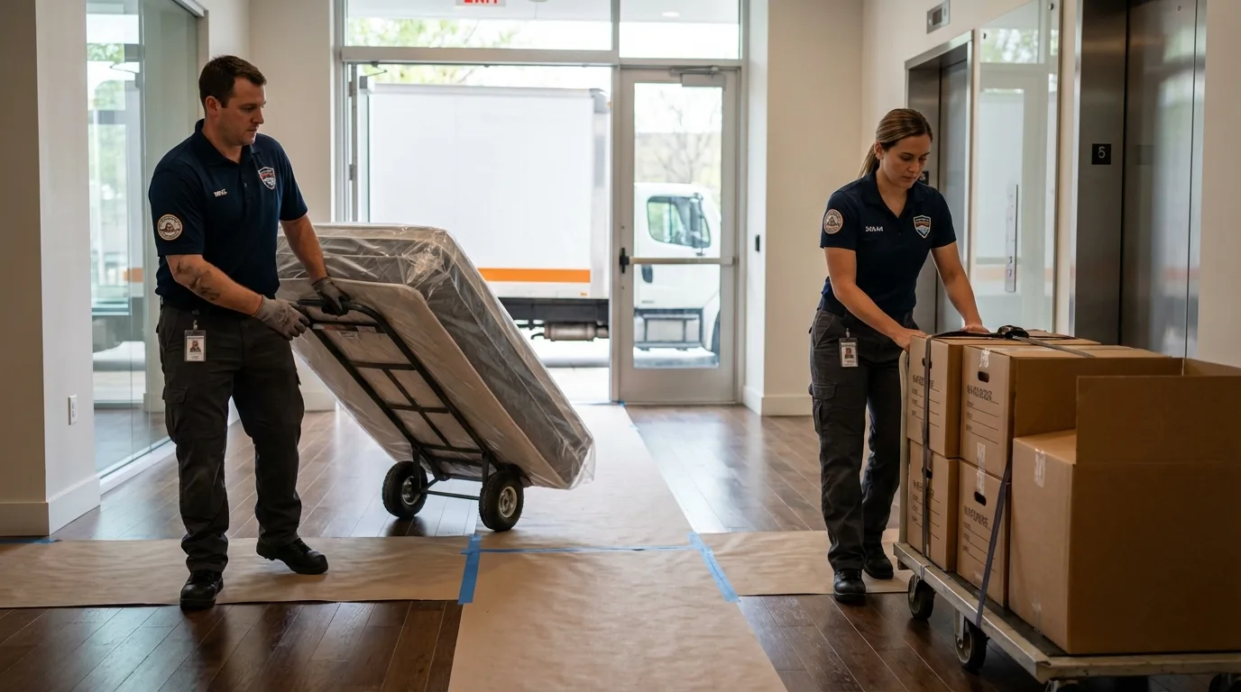 Professional apartment movers loading elevator in West Yellowstone, MT