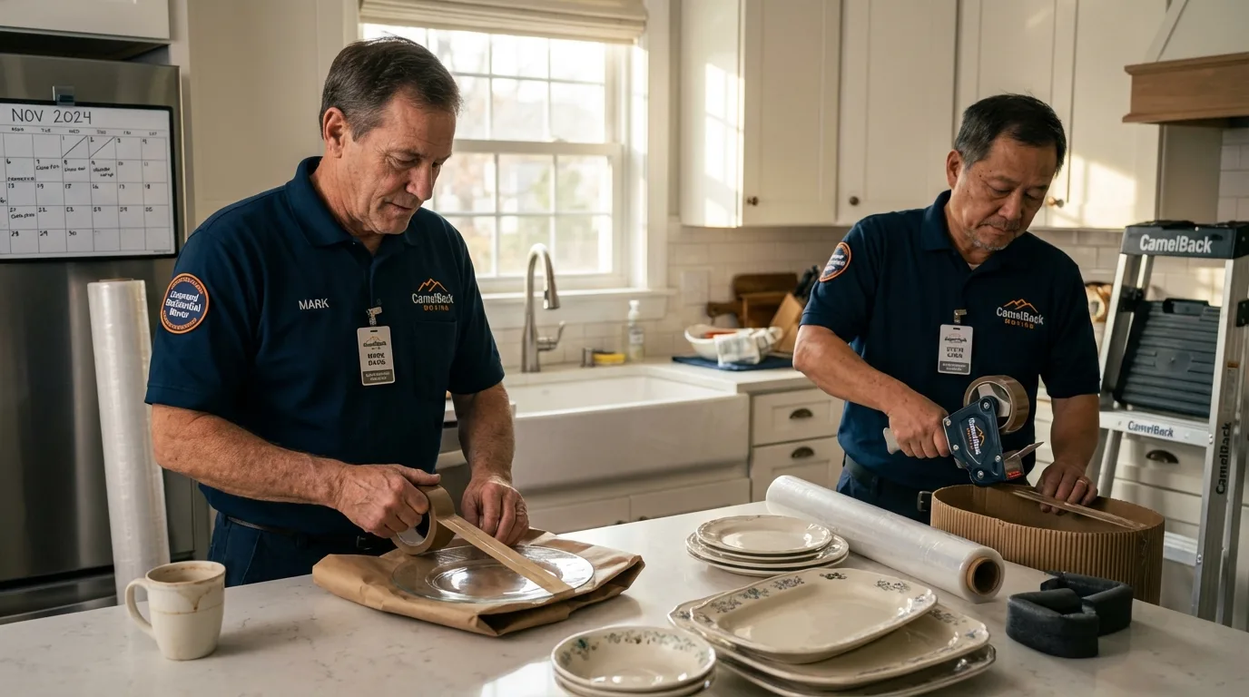 Professional crew packing kitchen dishware in West Yellowstone, MT